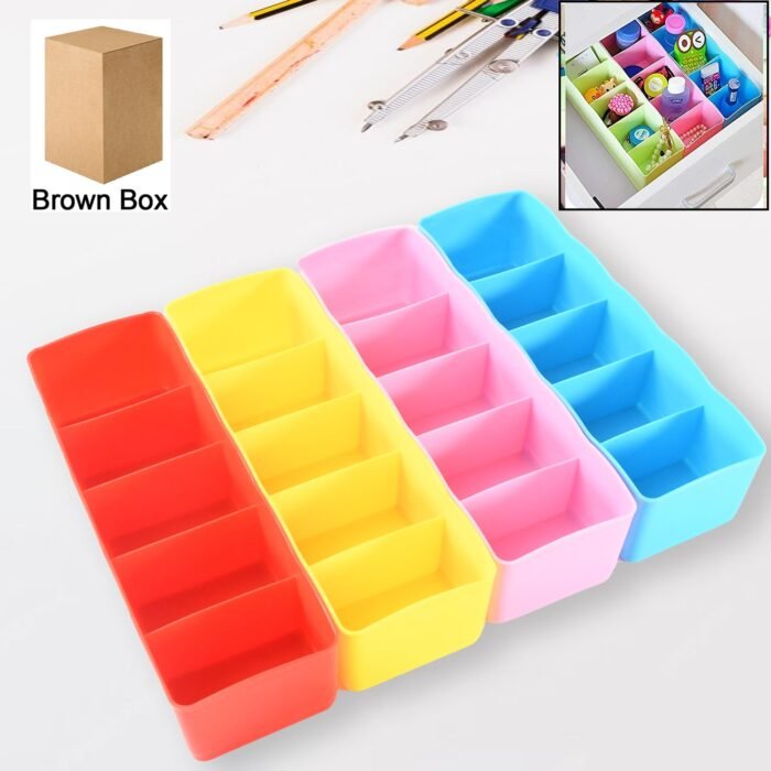 Multi-Function Desktop Drawer Storage Box Clothing Organizer 5 Grid Storage Box Underwear Socks , Ties Organizer Box (4 Pc Set) - Image 1