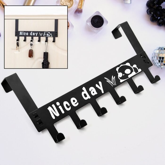 Heavy-Duty Carbon Steel Cartoon Nice Day Over Door Hook Hanger Rack,  Towel Hanger,  Removable Door Hook,  Coat,  Scarf,  Cloths Hanger (1 pc / 6 Hook) - Image 1
