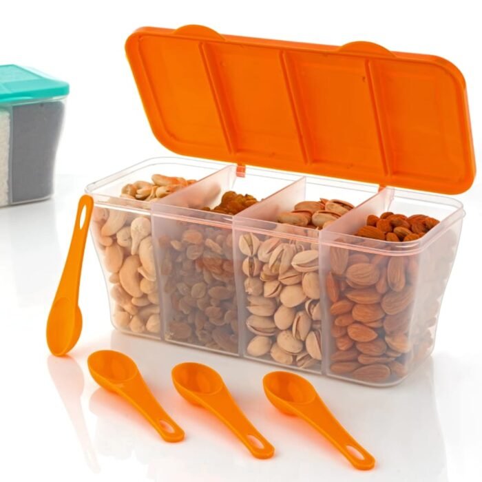 Kitchen Multipurpose Air-tight 4 Sections Storage Containers / Pickle (Achar) Jar with 4 spoon for each section (1 Pc / Mix Color) - Image 3