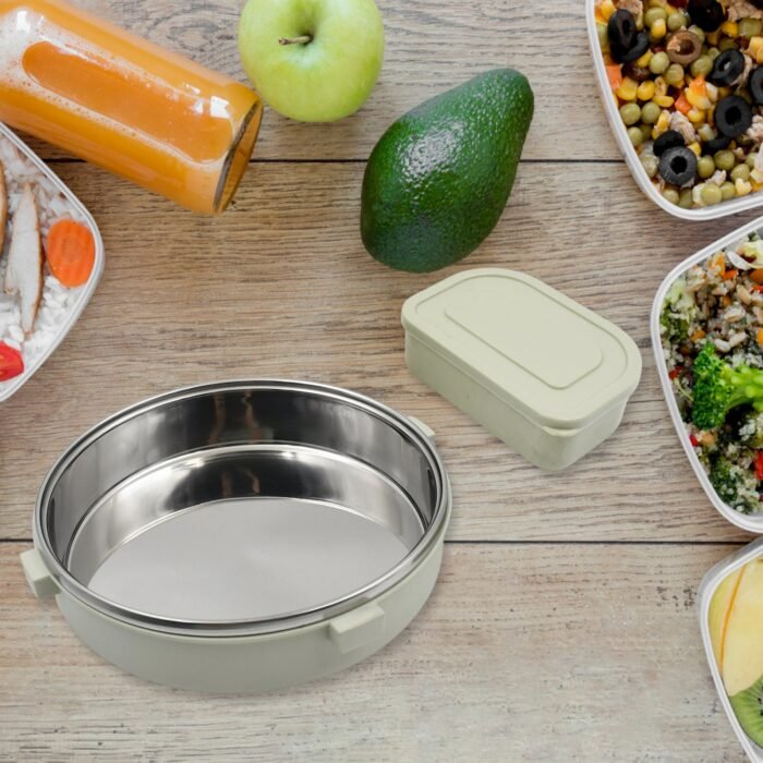 Miracle Stainless Steel Round Lunch Box,  with Small Plastic Box Insert Leak Proof Lunch Box with Transparent lid,  Lunch Box for Kids & Adults for School,  Office (450 ML + 250 ML Approx) - Image 5