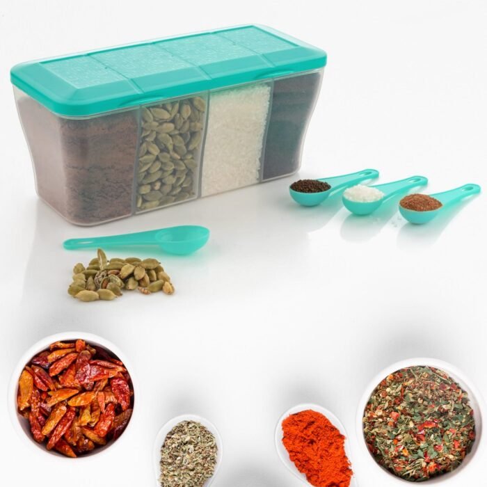 Kitchen Multipurpose Air-tight 4 Sections Storage Containers / Pickle (Achar) Jar with 4 spoon for each section (1 Pc / Mix Color) - Image 5