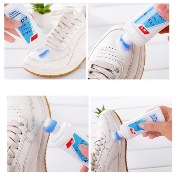 White Shoe Brightener with Removal of Dirt and Whitening Function White Shoes Cleaner with Brush Head for Dirty Shoe Polish Natural Waxes (75 ML) - Image 5