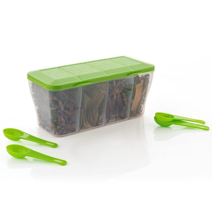 Kitchen Multipurpose Air-tight 4 Sections Storage Containers / Pickle (Achar) Jar with 4 spoon for each section (1 Pc / Mix Color) - Image 7