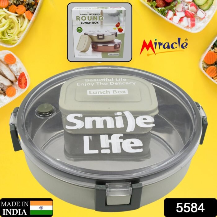 Miracle Stainless Steel Round Lunch Box,  with Small Plastic Box Insert Leak Proof Lunch Box with Transparent lid,  Lunch Box for Kids & Adults for School,  Office (450 ML + 250 ML Approx) - Image 2