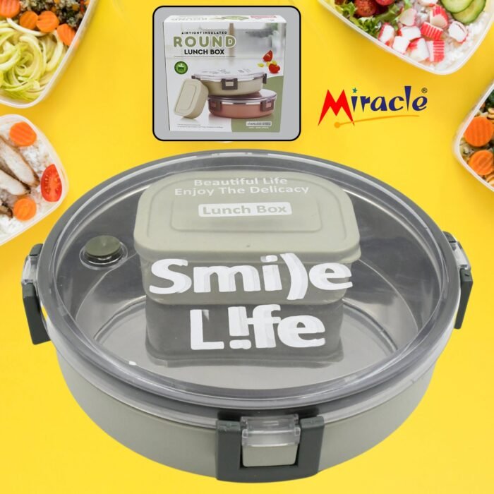Miracle Stainless Steel Round Lunch Box,  with Small Plastic Box Insert Leak Proof Lunch Box with Transparent lid,  Lunch Box for Kids & Adults for School,  Office (450 ML + 250 ML Approx) - Image 1