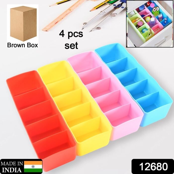 Multi-Function Desktop Drawer Storage Box Clothing Organizer 5 Grid Storage Box Underwear Socks , Ties Organizer Box (4 Pc Set) - Image 2