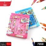 10 Pcs Set Stationary Set Including Pencil Ruler Rubber Pencil Sharpener Glue Ballpoint Pen Scissors Pencil Cover, School, Office Product Gift - Image 2