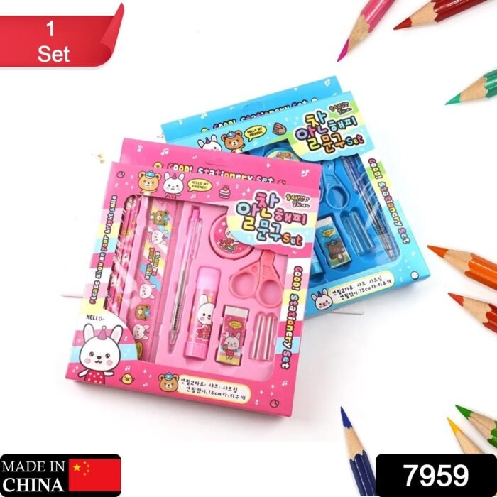 10 Pcs Set Stationary Set Including Pencil Ruler Rubber Pencil Sharpener Glue Ballpoint Pen Scissors Pencil Cover,  School,  Office Product Gift - Image 2