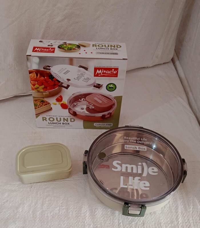 Miracle Stainless Steel Round Lunch Box,  with Small Plastic Box Insert Leak Proof Lunch Box with Transparent lid,  Lunch Box for Kids & Adults for School,  Office (450 ML + 250 ML Approx) - Image 7