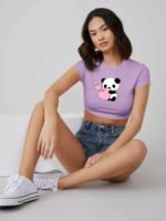 100% Pure Cotton Cute Panda Lavender Colour Crop Top
