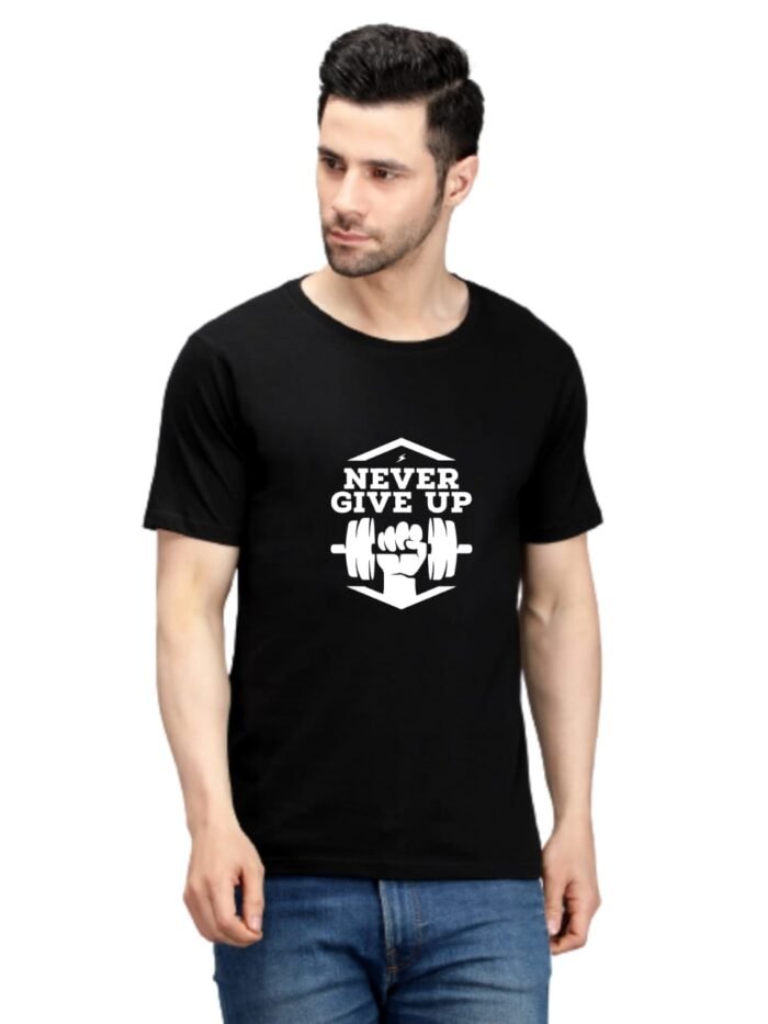 Never Give up 100% Pure Cotton Printed Black Colour t-shirt for Men - Image 1