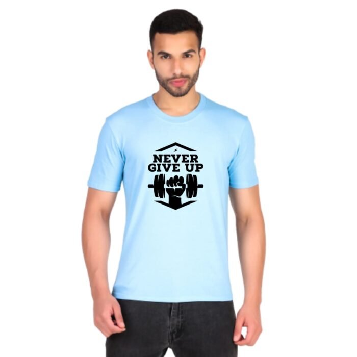Never Give up 100% Pure Cotton Printed Sky Blue t-shirt for Men - Image 1