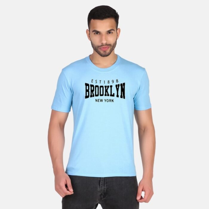 Brooklyn 100% Pure Cotton Printed Sky Blue t-shirt for Men - Image 1