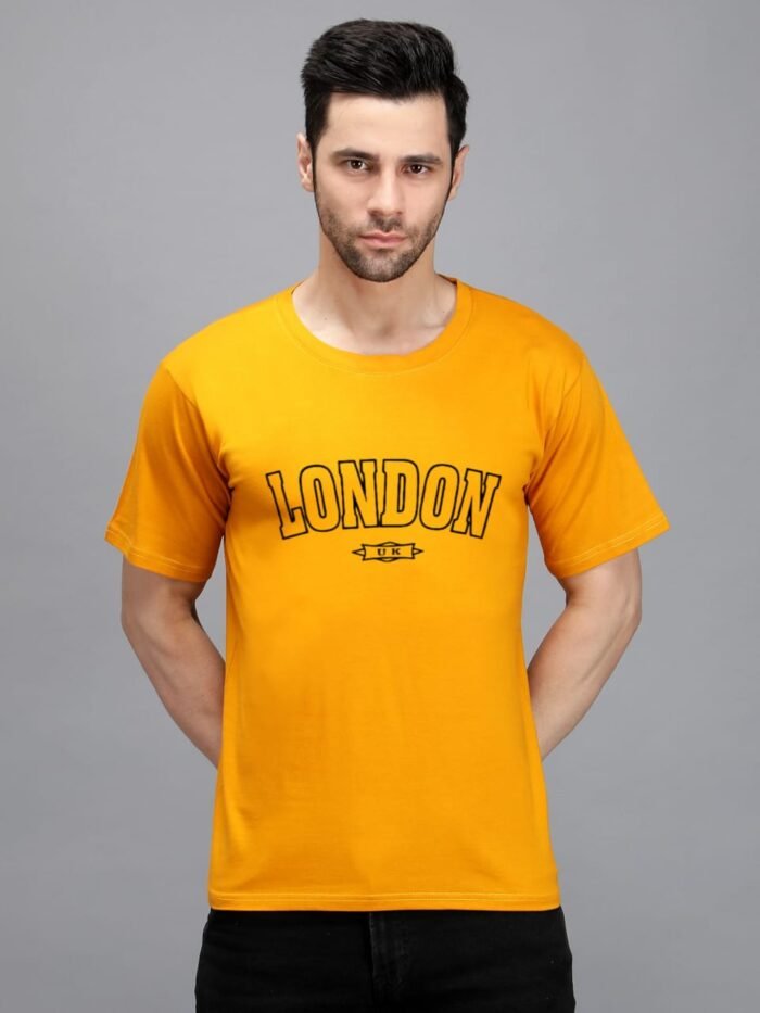 London 100% Pure Cotton Printed Mustard Colour t-shirt for Men - Image 1