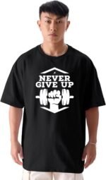 Printed Never Give up Black T-Shirt for Men